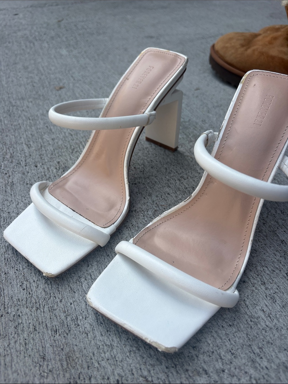Forever 21 White Square Toe Strappy Block Heel Sandals